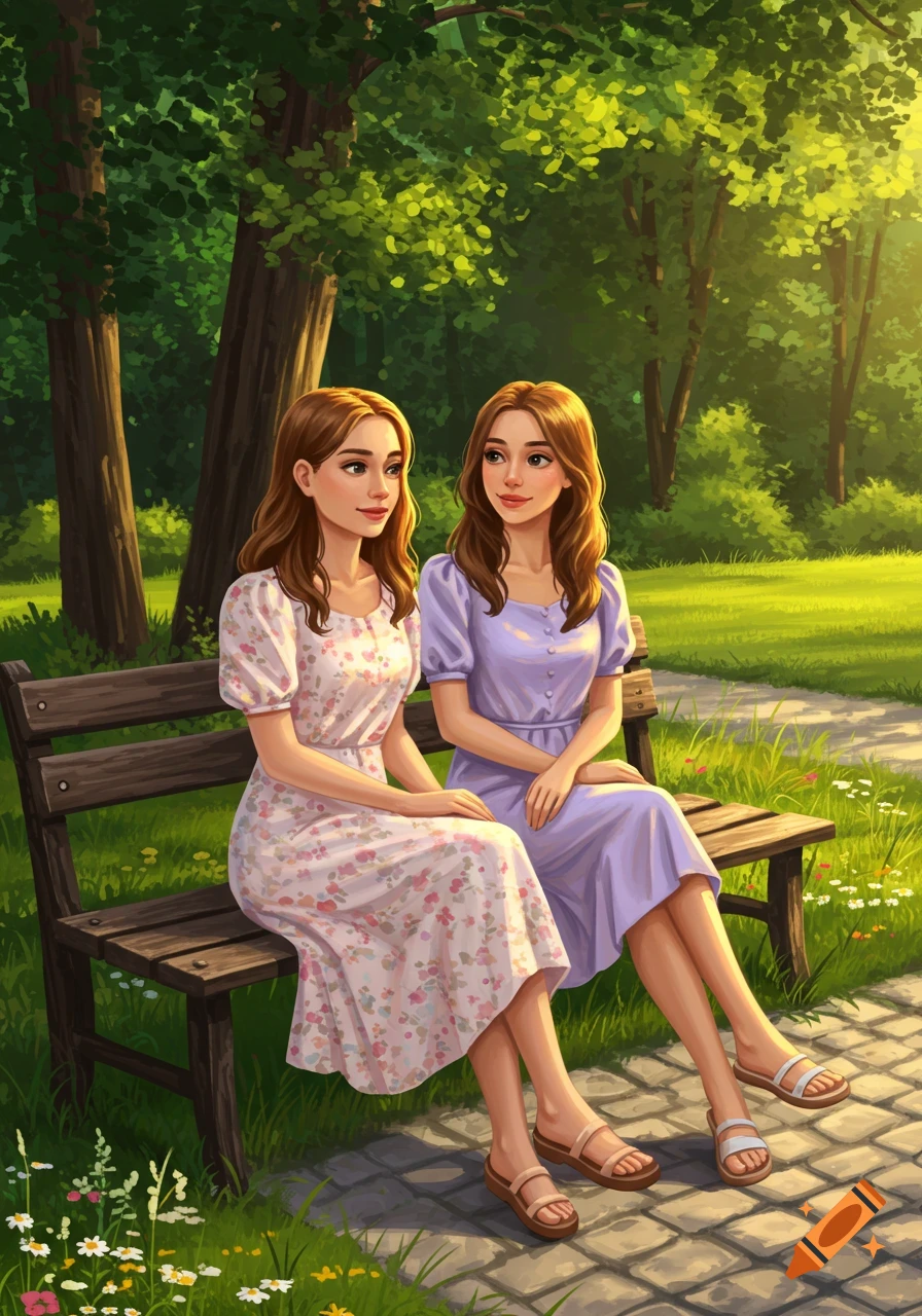 Two young women, one in a floral dress and one in a purple dress, sit on a wooden bench in a sunny park illustration.