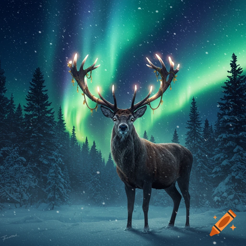 A majestic deer with glowing antlers stands in a snowy forest under a vibrant green aurora borealis.