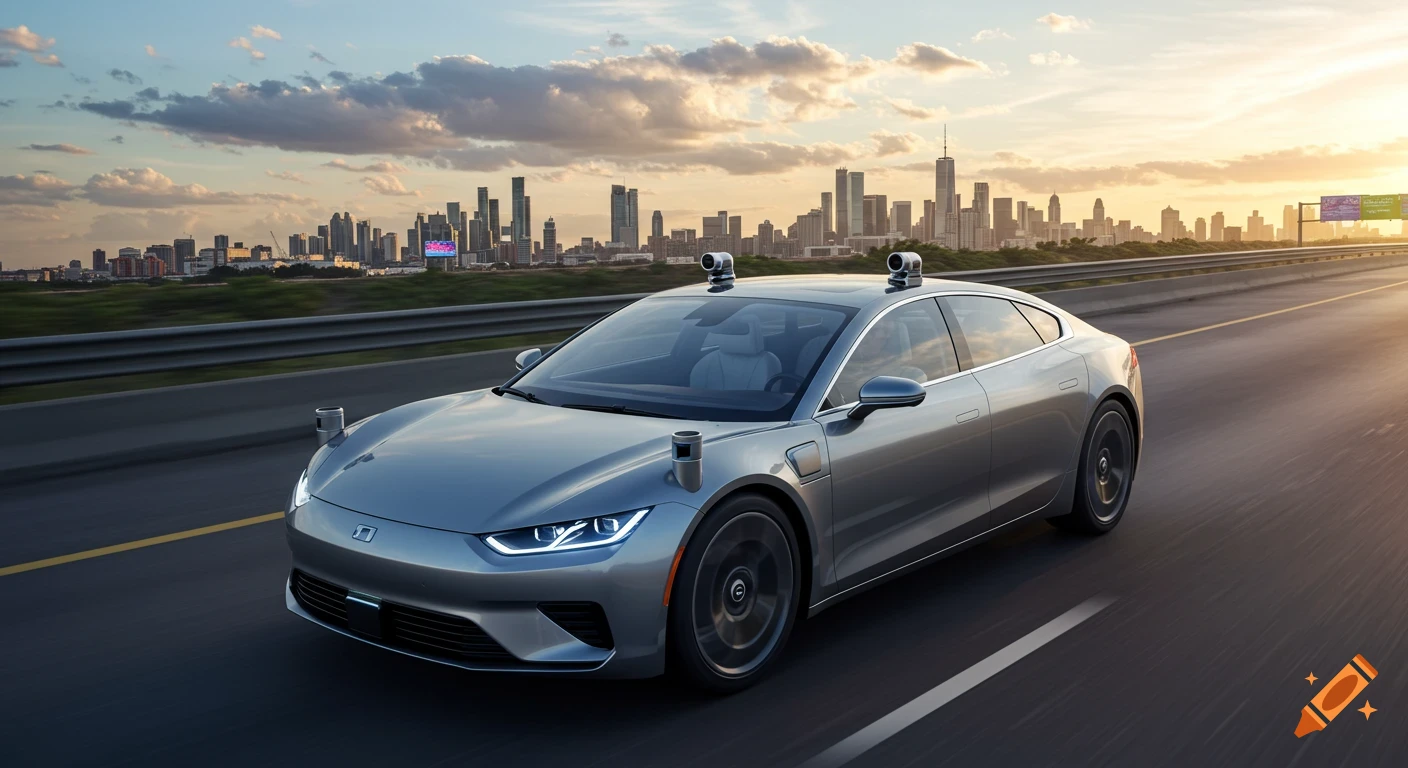 A silver autonomous car with roof-mounted cameras drives on a highway towards a city skyline at sunset.