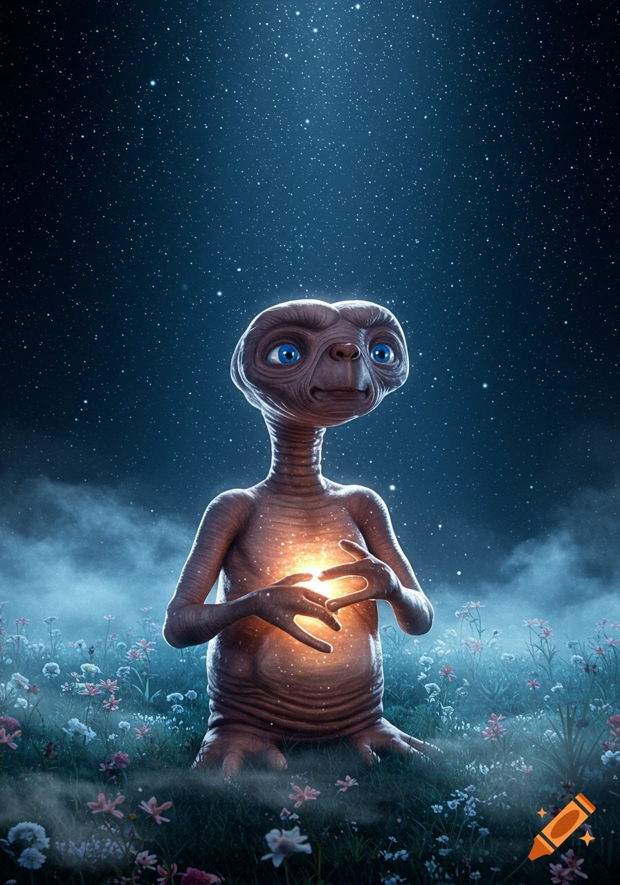 E.T. kneels in a field of wildflowers under a starry night sky, his chest glowing with warm light.
