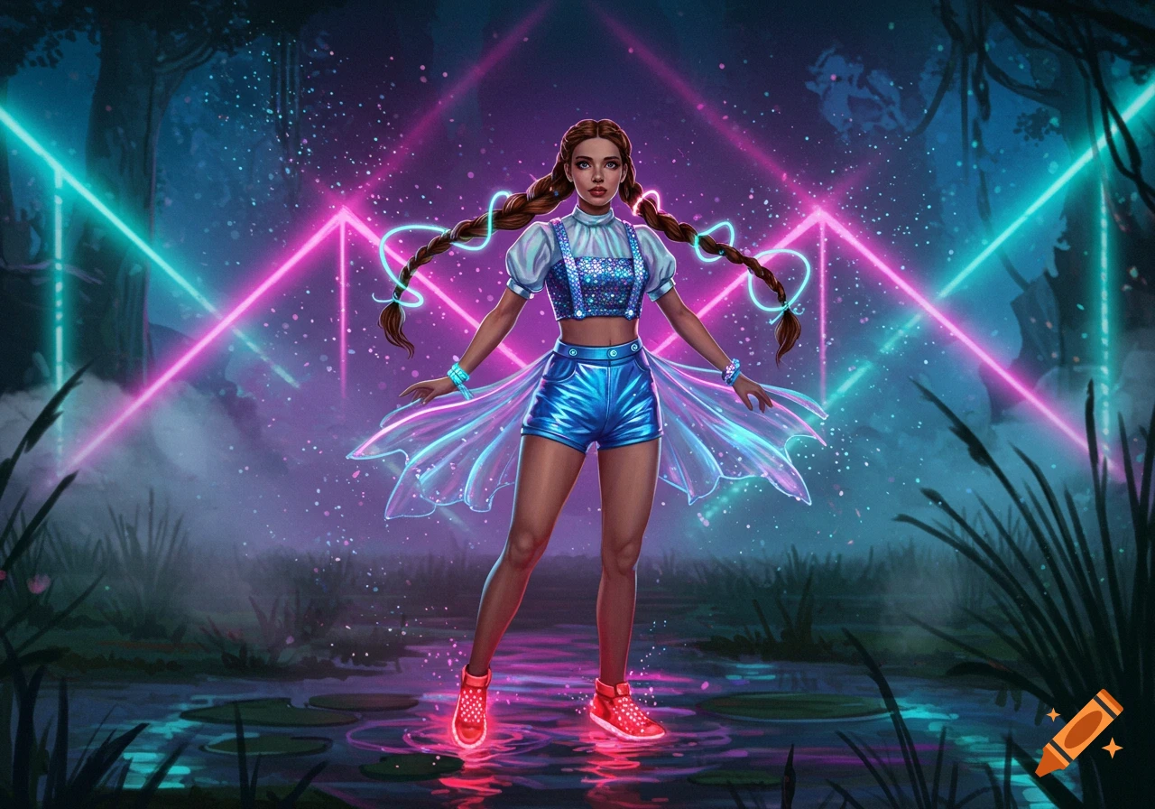 A woman in a futuristic EDM festival outfit with glowing blue shorts and red shoes stands in a neon-lit swamp at night.