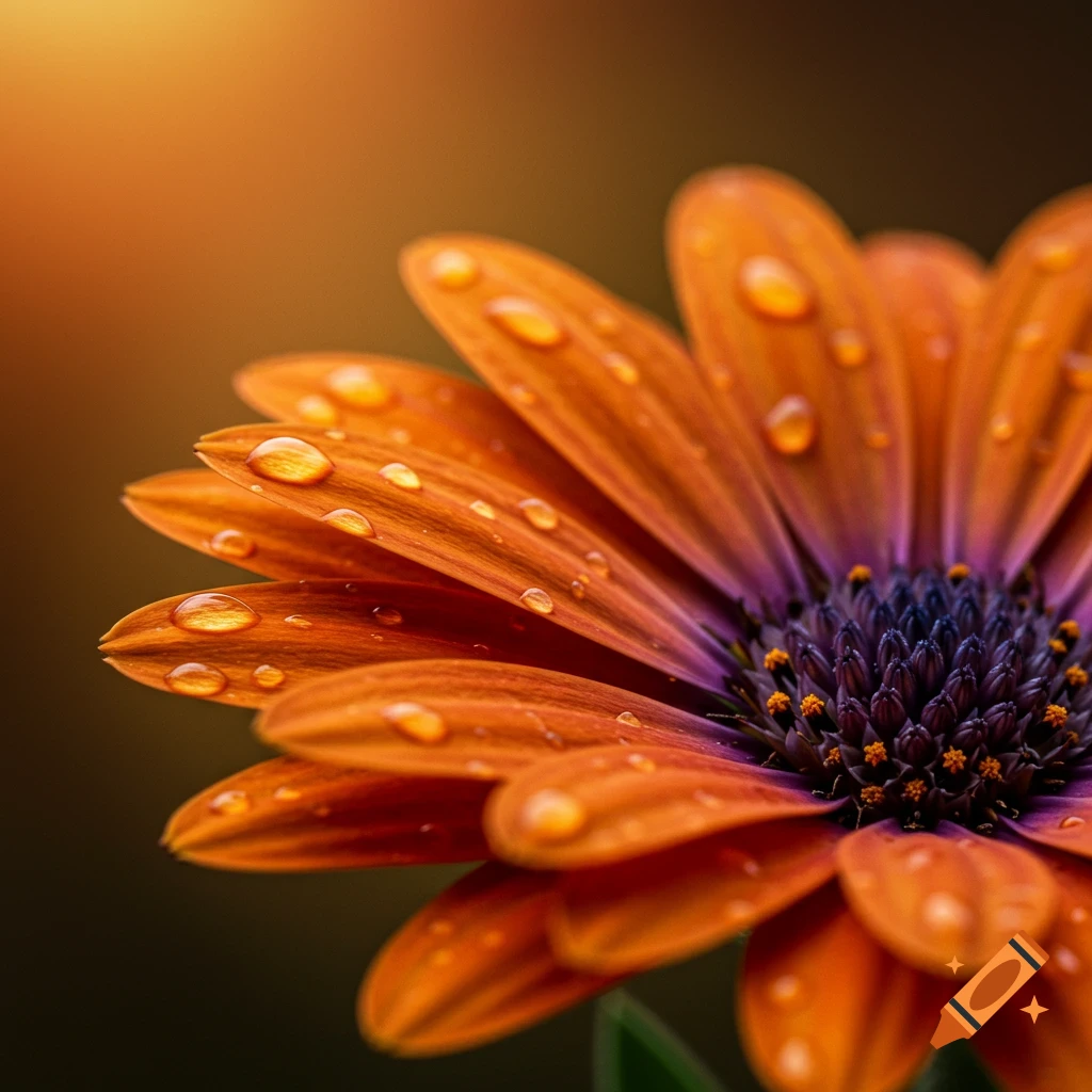 Close-up of a vibrant orange flower with a purple center and water droplets on its petals, under warm light.