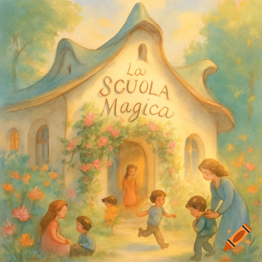 A whimsical, painterly illustration of a "magic school" building with children and adults playing in a flowery garden.