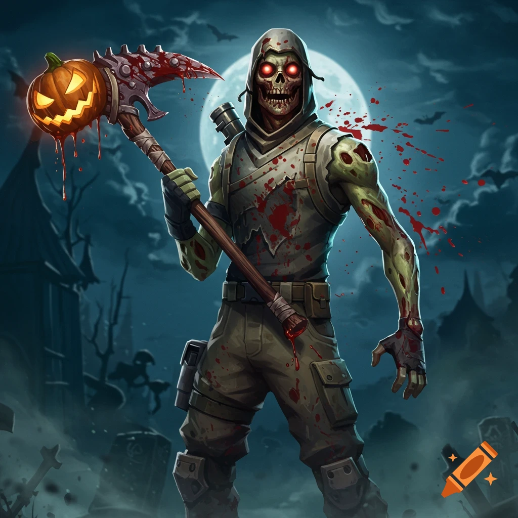 Stylized Fortnite zombie in tactical gear holds a bloody pumpkin pickaxe in a spooky graveyard under a full moon.