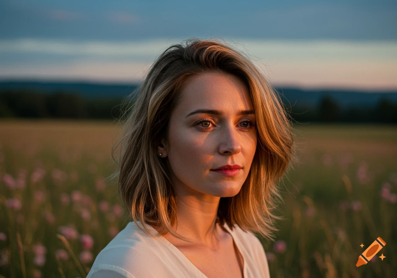 Photorealistic portrait of a young woman with short blonde hair in a field at sunset.
