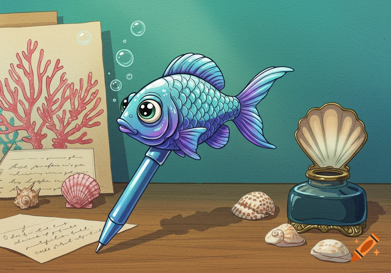 A stylized cartoon fish forms the body of a blue pen, sitting on a wooden desk alongside seashells, an inkwell, and a coral drawing.