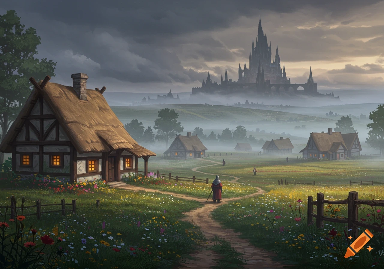 Misty fantasy farming village with thatched houses, a path, and an ominous castle on a distant hill under a dramatic sky.