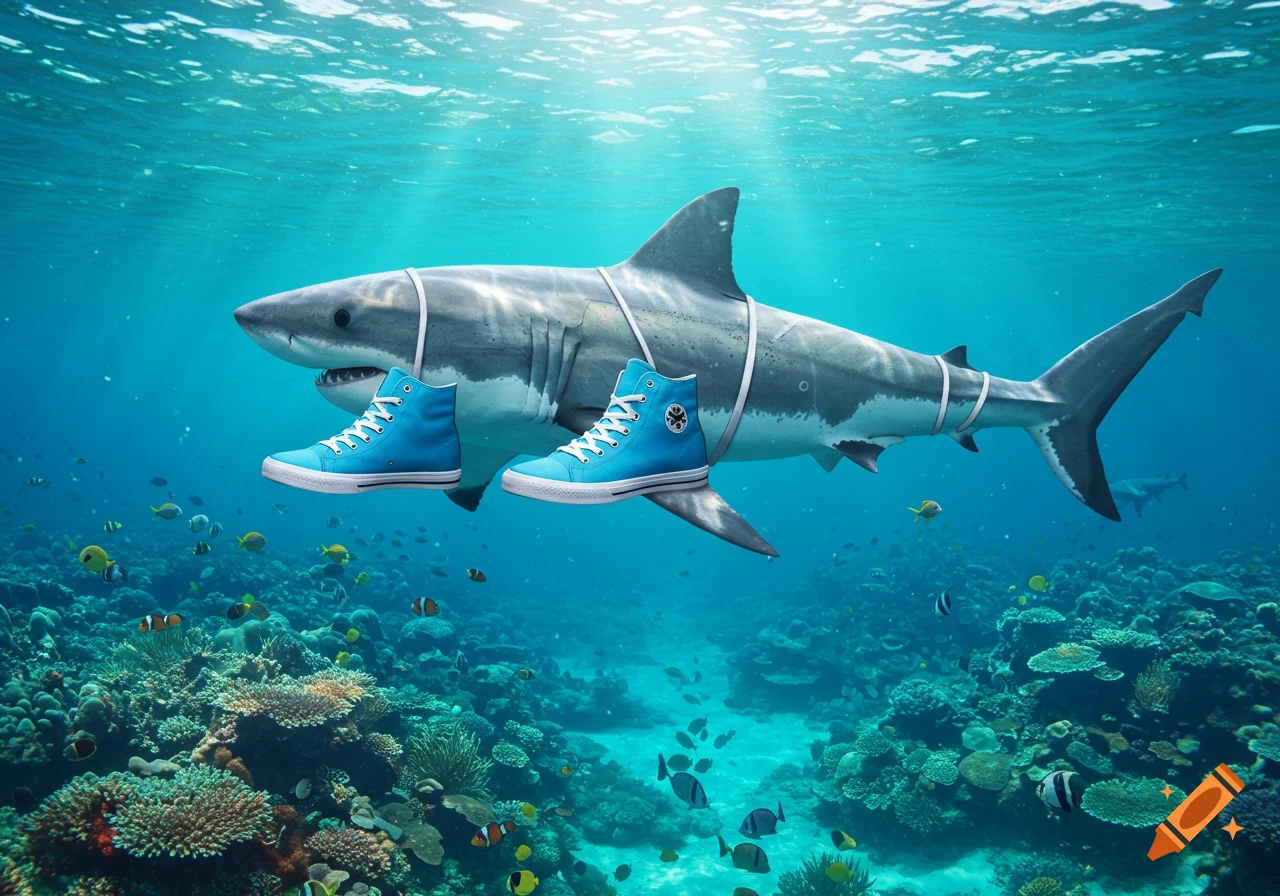 A great white shark swims underwater, wearing light blue high-top sneakers strapped to its body, amidst a colorful coral reef.