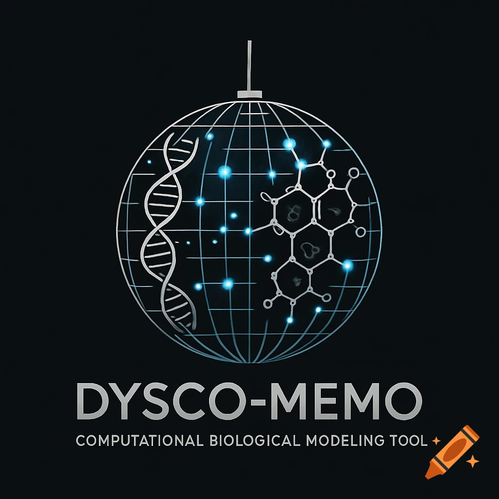 Schematic logo of a disco ball containing a DNA helix and a chemical structure, with text 'DYSCO-MEMO Computational Biological Modeling Tool'.