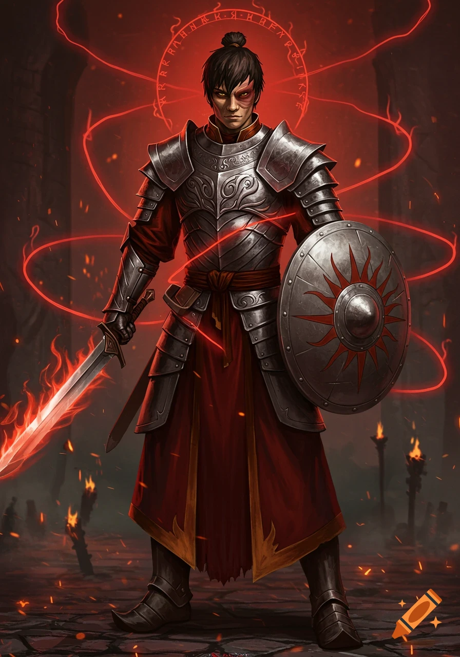 A stern, armored male character resembling Zuko with a top knot and burn scar, wielding a fiery sword and shield, stands amidst red glowing runes and magic.