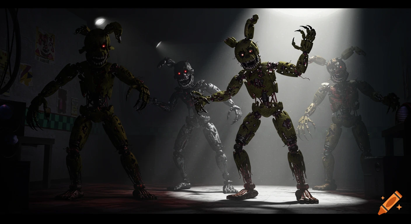 Four menacing, damaged animatronic robots with glowing red eyes emerge from shadows in a dark room with spotlights.