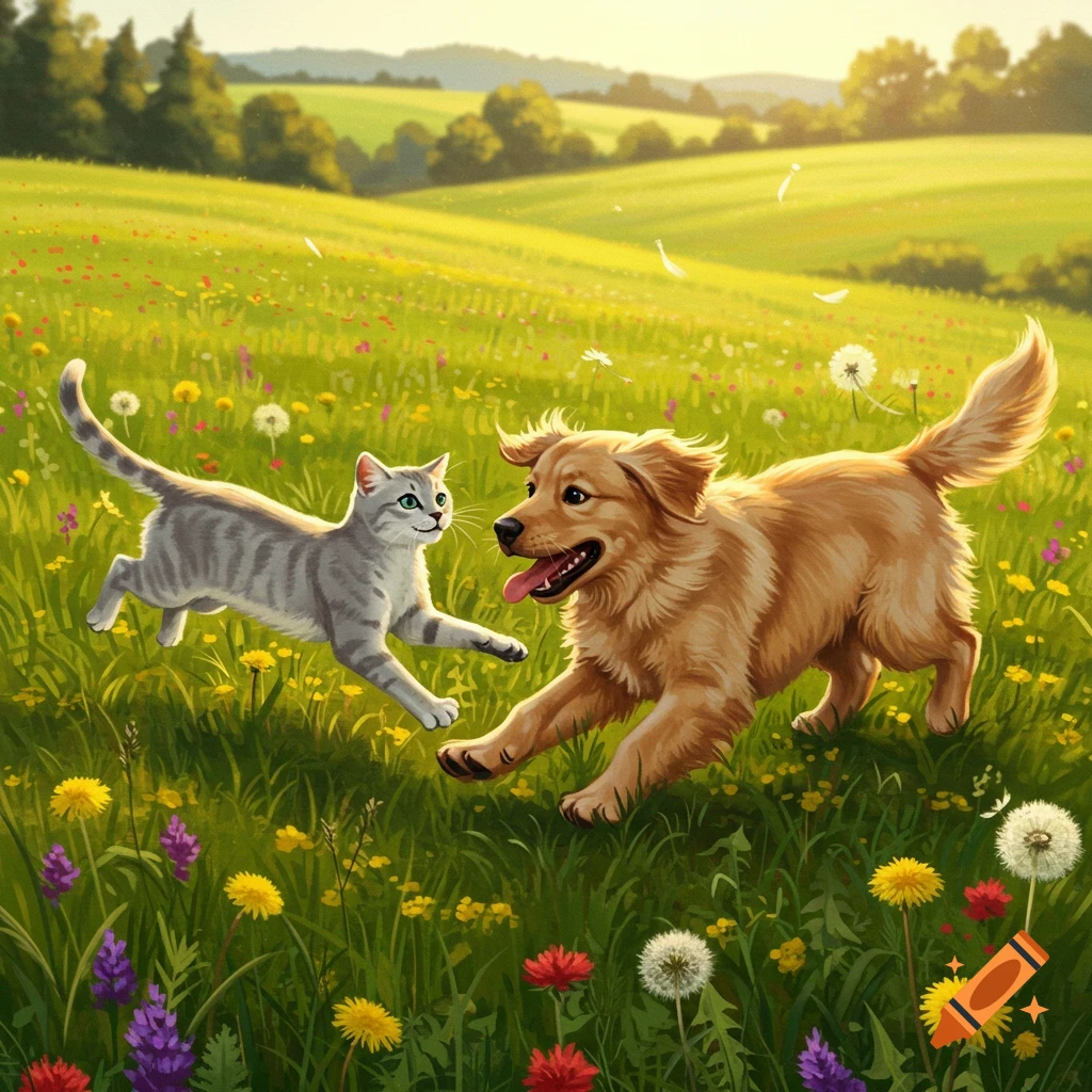 A grey tabby cat and a golden retriever dog joyfully run through a sunny green meadow filled with colorful wildflowers.