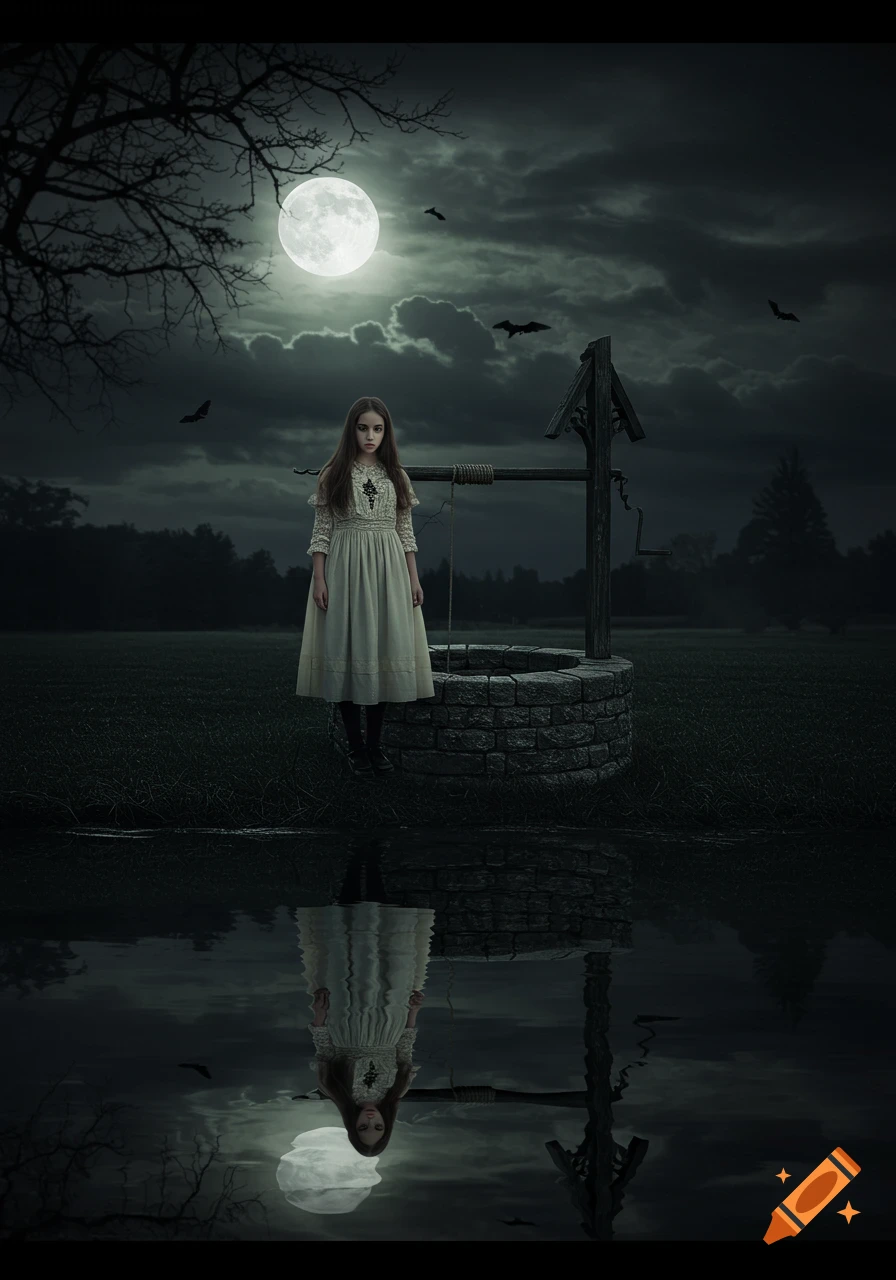 A haunting image of a young girl in antique clothes standing by an abandoned well at night under a full moon with bats and her reflection in the water.