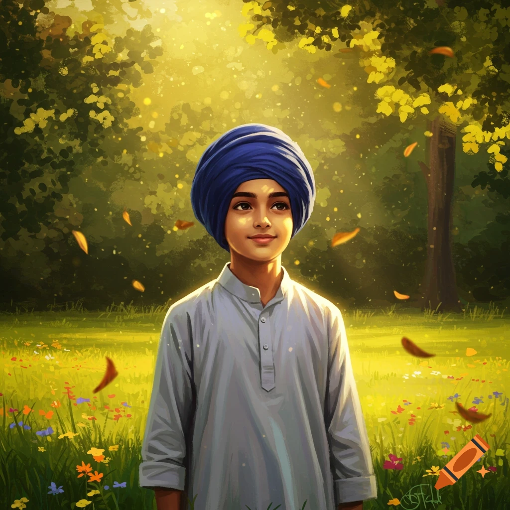 Digital painting of a young Sikh boy wearing a blue patka, smiling in a sunny field with wildflowers and falling leaves.