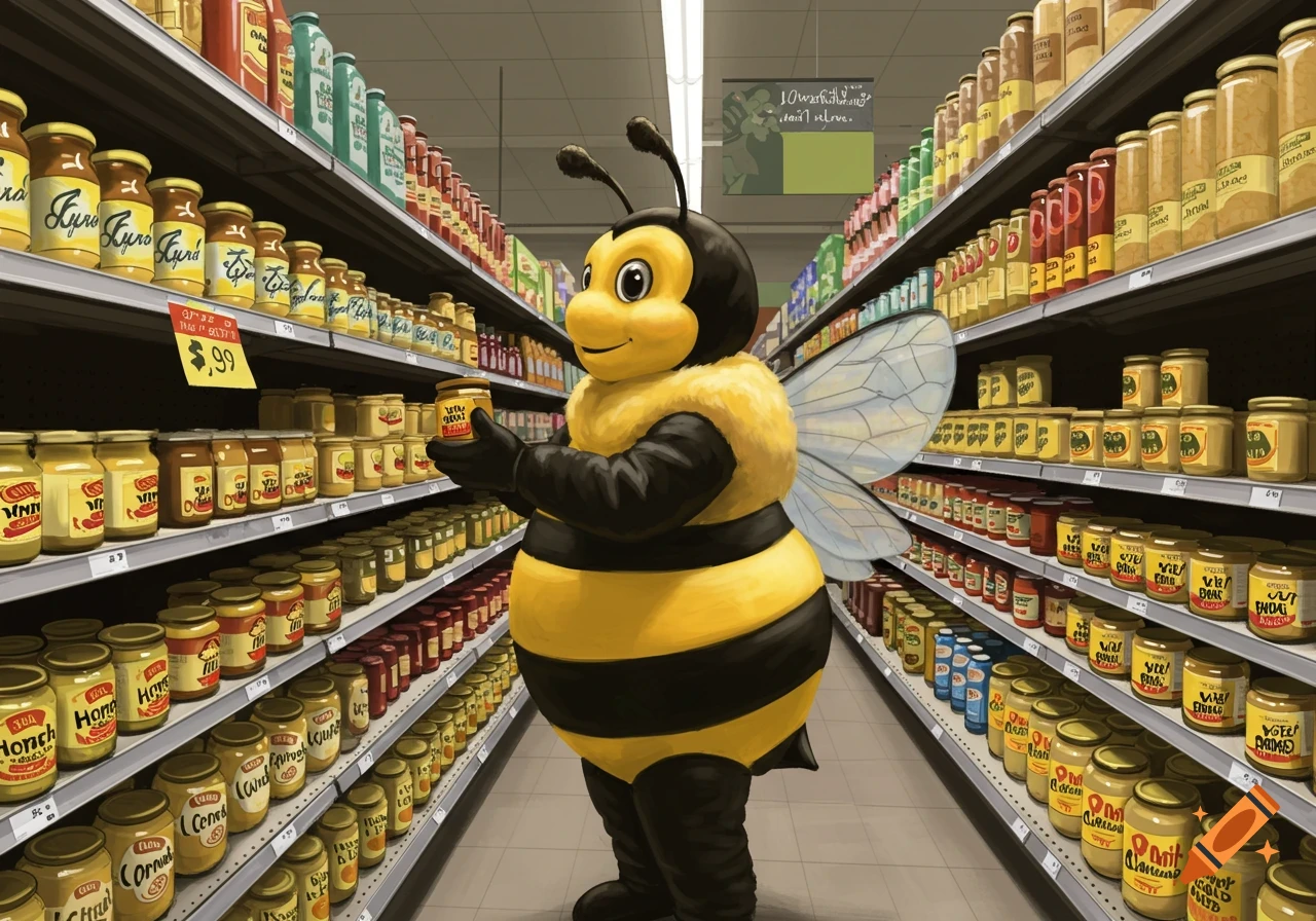 A cartoon bee mascot stands in a supermarket aisle holding a jar of honey, surrounded by shelves stocked with jars and bottles.