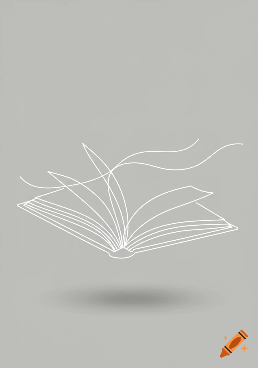 A minimalistic white line art illustration of an open book with pages and wispy lines floating above, set against a grey background.