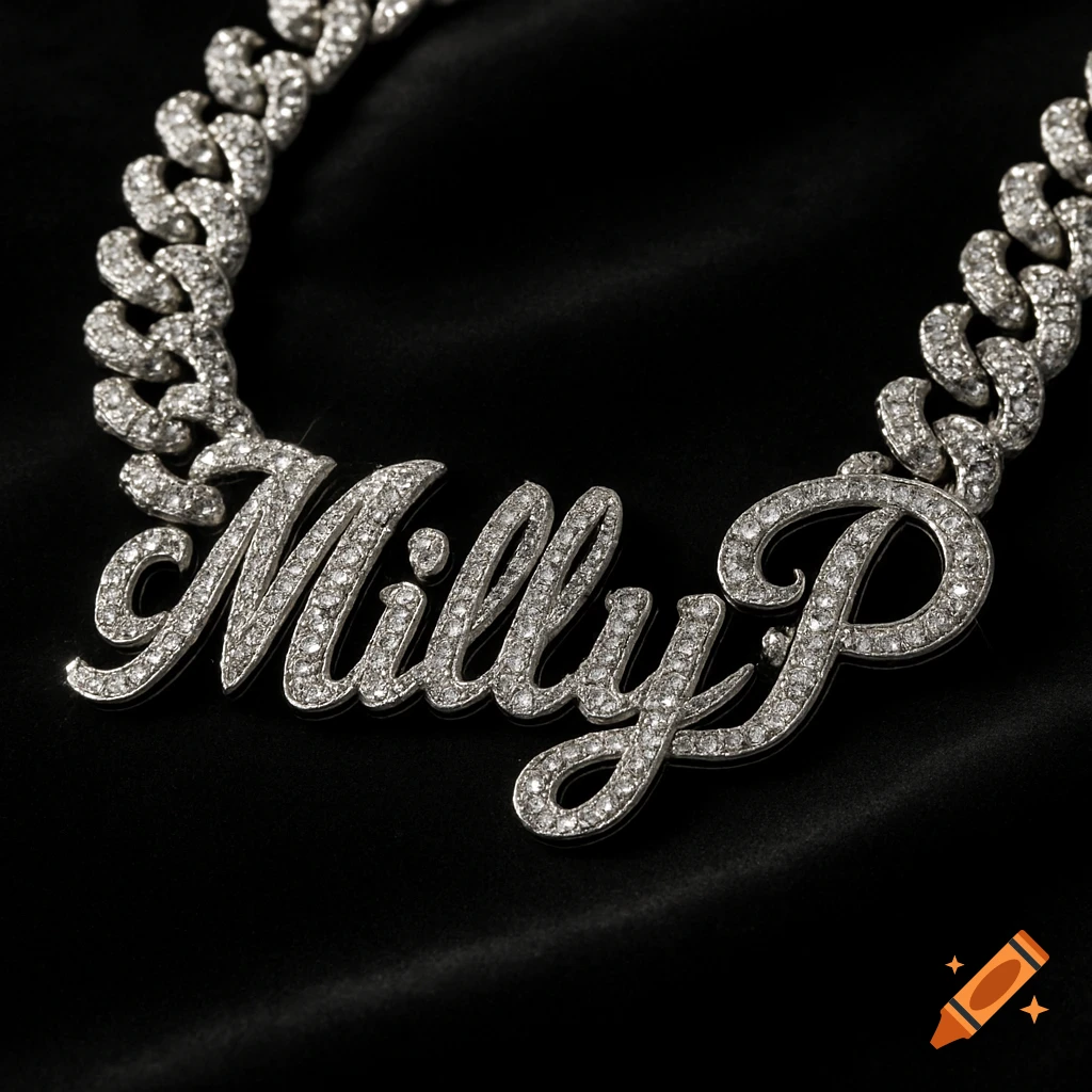 A close-up of a sparkling diamond cuban link chain with a 'MillyP' nameplate against a black background.