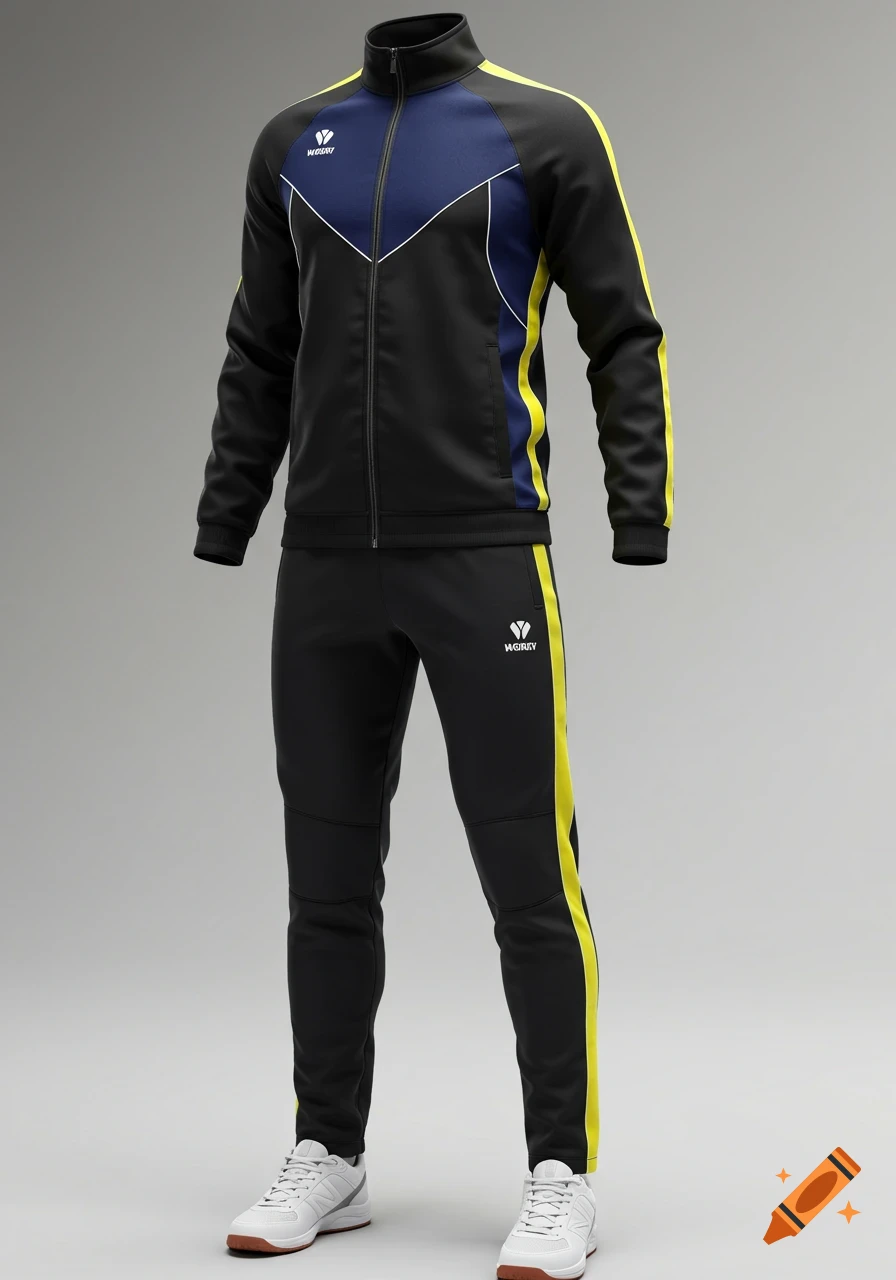 A black, navy blue, yellow, and white tracksuit with a zipper jacket and striped pants, displayed on an invisible mannequin.
