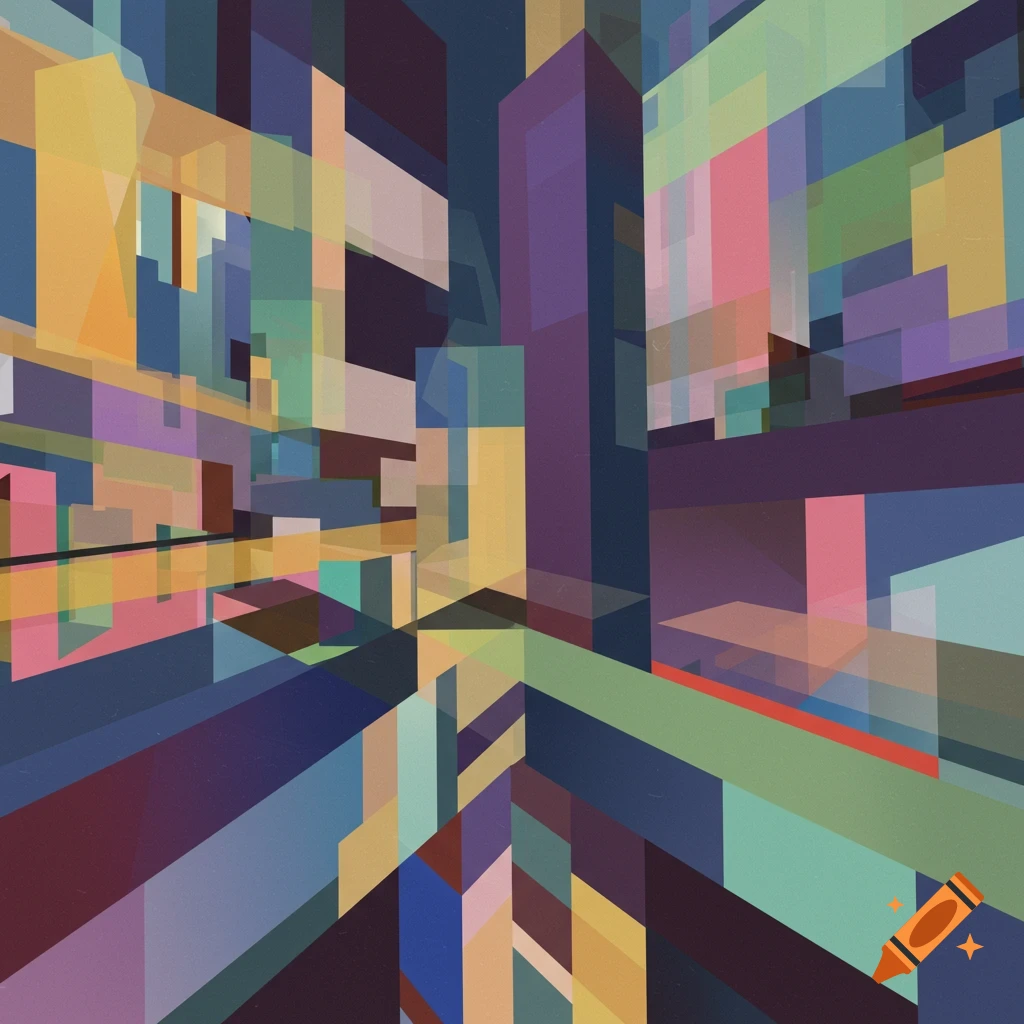 Abstract Cubist painting with overlapping geometric planes in diverse colors, creating a dynamic, architectural feel.