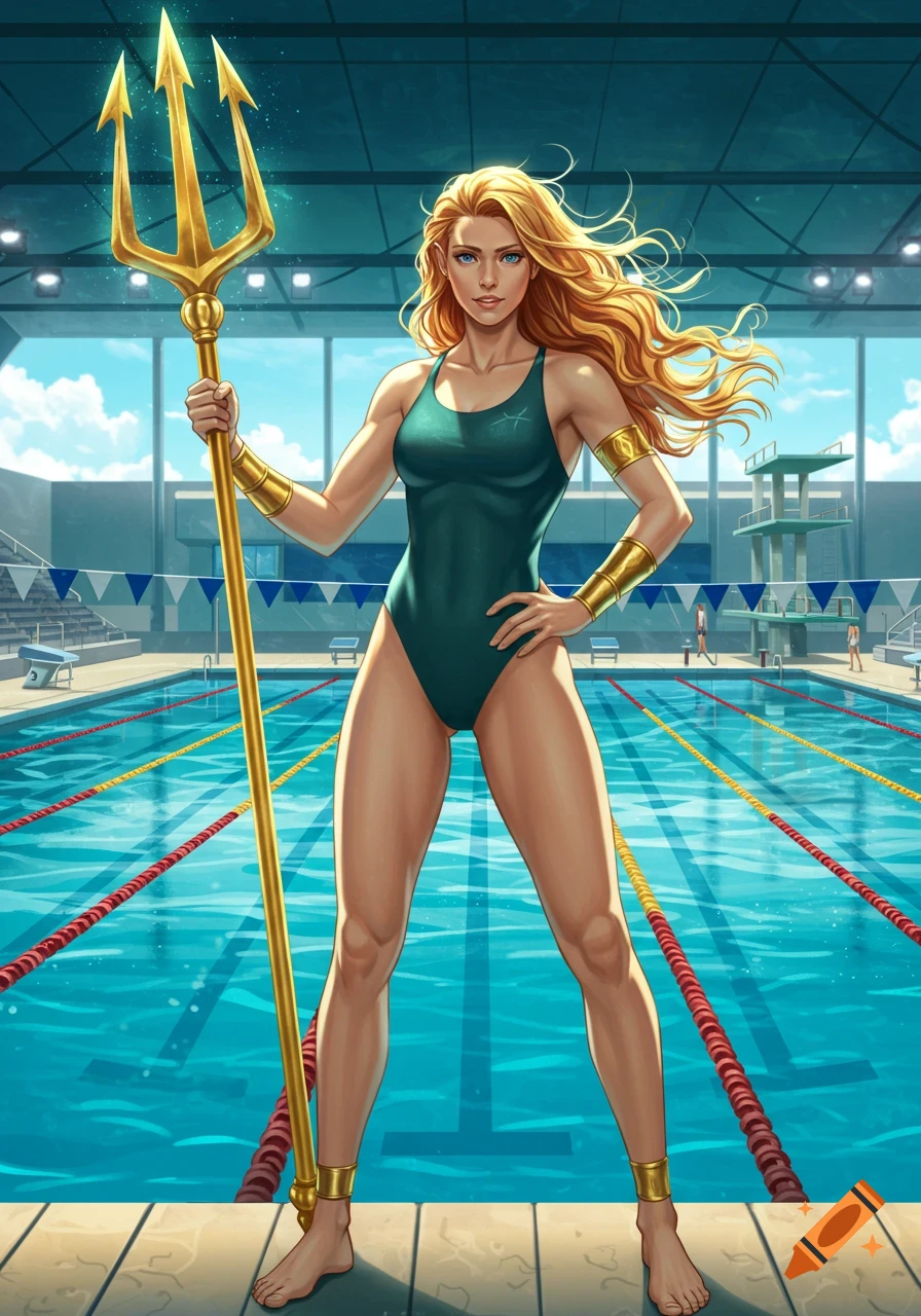 A muscular blonde woman in a teal swimsuit holds a golden trident in an Olympic swimming pool, digital art.