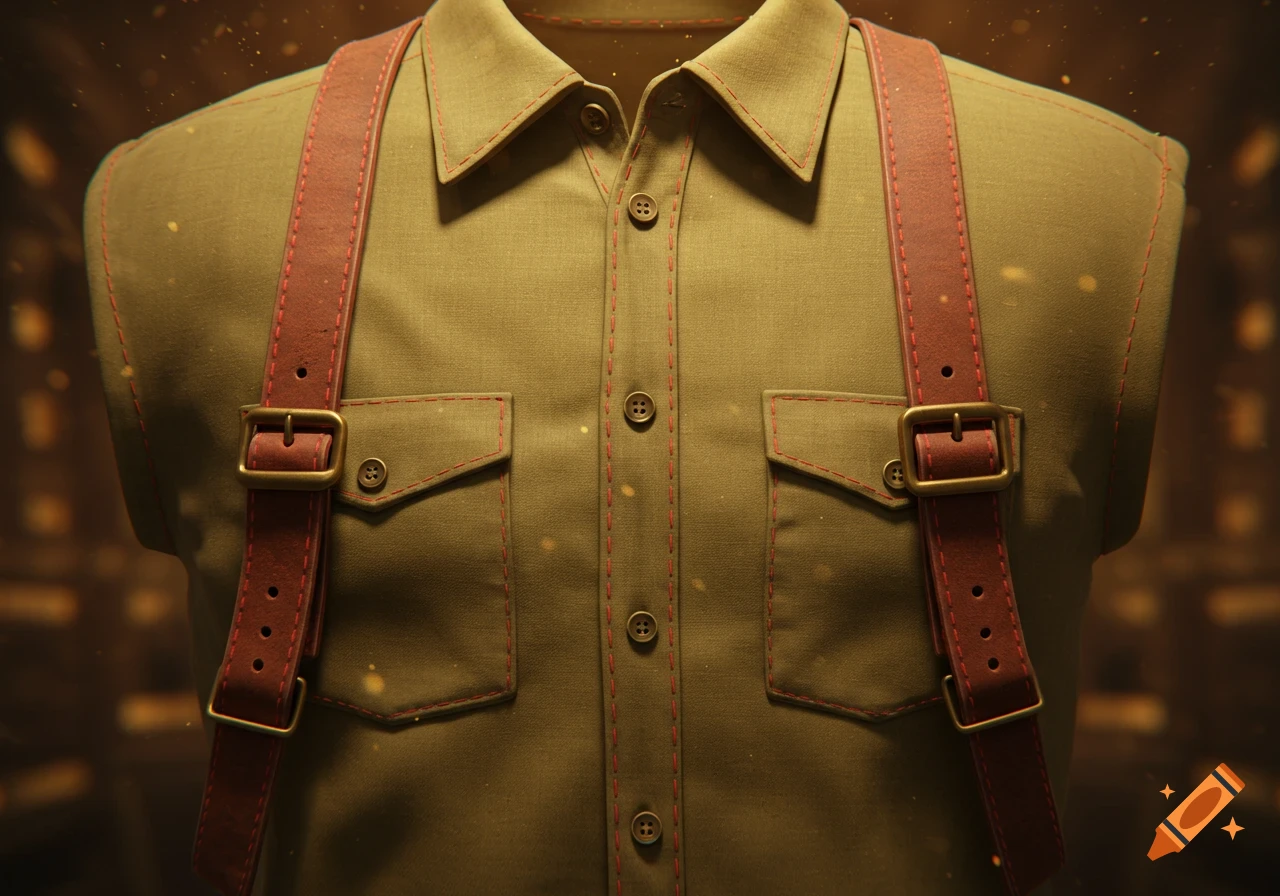 Close-up of a photorealistic khaki shirt with red-stitched dark red leather straps and brass buckles.
