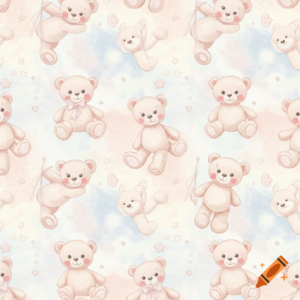 Watercolor seamless pattern featuring cute teddy bears in various poses against a pastel background with stars and hearts.