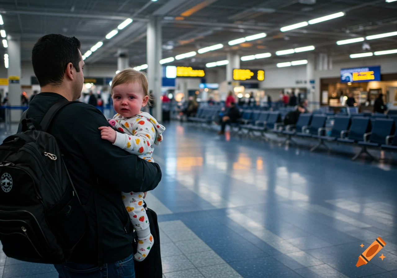 A man with a backpack holds a crying baby in a busy, brightly lit airport terminal, looking away from the camera.