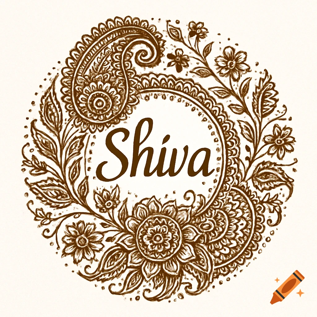 A circular mehndi-style design in brown, featuring intricate floral and paisley patterns, with the name 'Shiva' at the center.