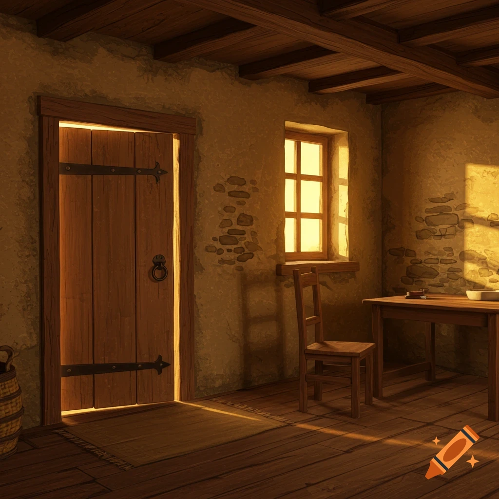 A rustic, humble room interior with a glowing wooden door, a sunlit window, a wooden chair, and a table.