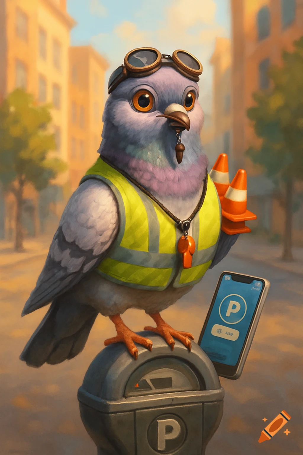 A cartoon pigeon wearing a reflective vest and goggles stands on a parking meter, holding small traffic cones and a smartphone.