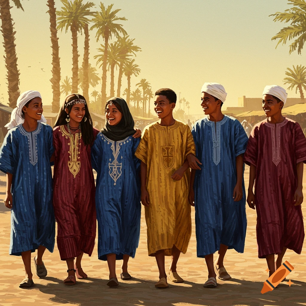 Six young Mauritanian children, three girls and three boys, walk together in traditional colorful robes with palm trees in a desert landscape under a clear sky.