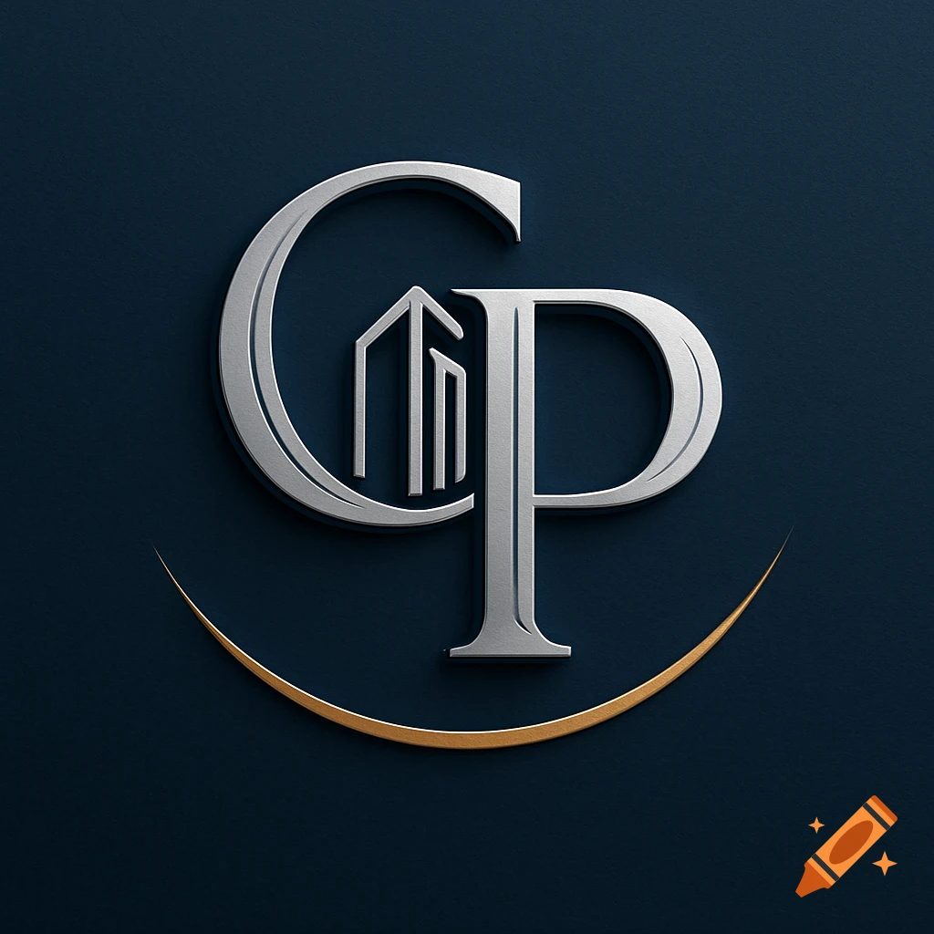 Metallic silver GP initials logo with abstract buildings on a dark blue background, framed by a golden crescent.
