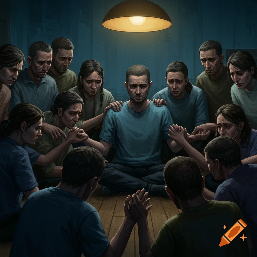 A group of men and women sit in a circle under a single lamp, some holding hands, others comforting a central figure who appears distressed.