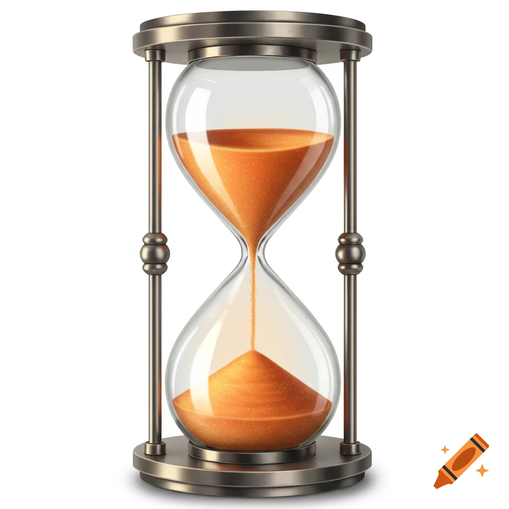 A photorealistic bronze hourglass with orange sand, partially drained, against a white background.