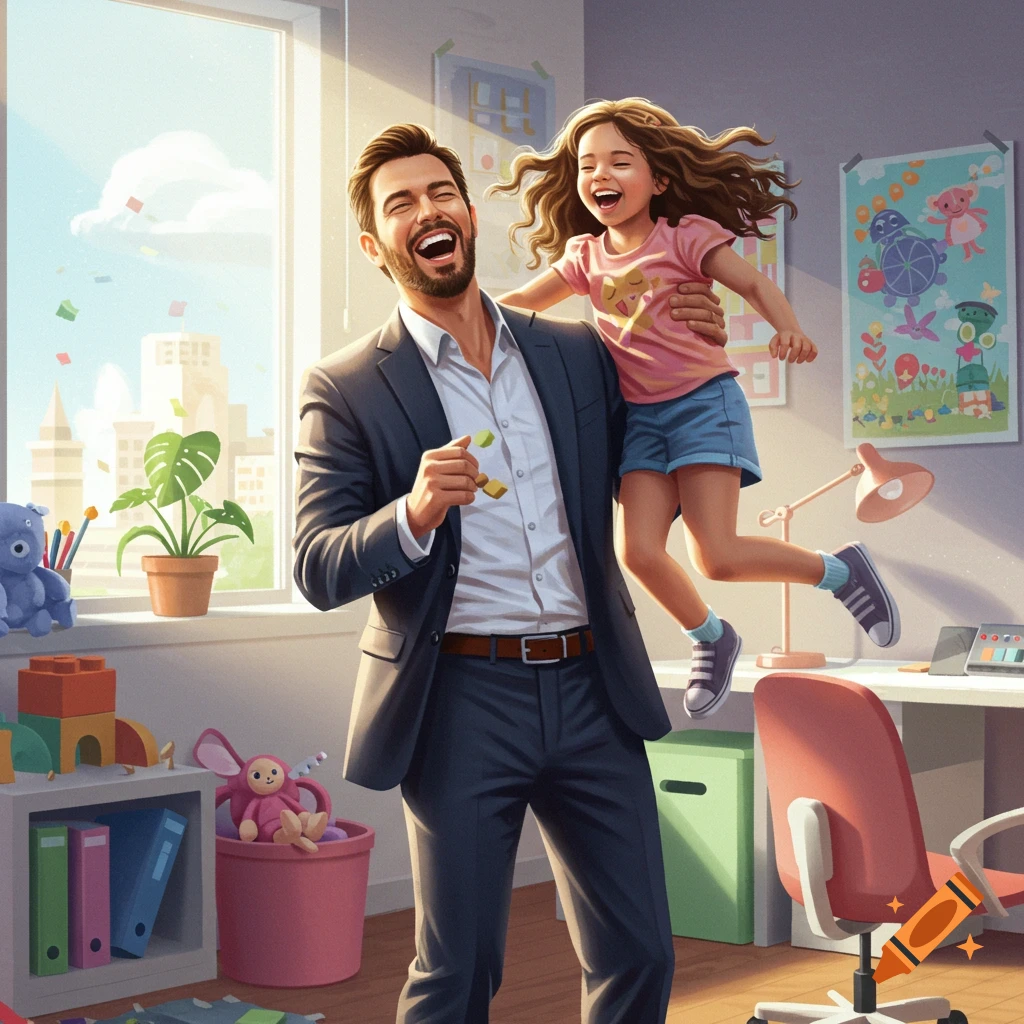A laughing father holds his daughter, who jumps playfully, in a sunlit room filled with toys.