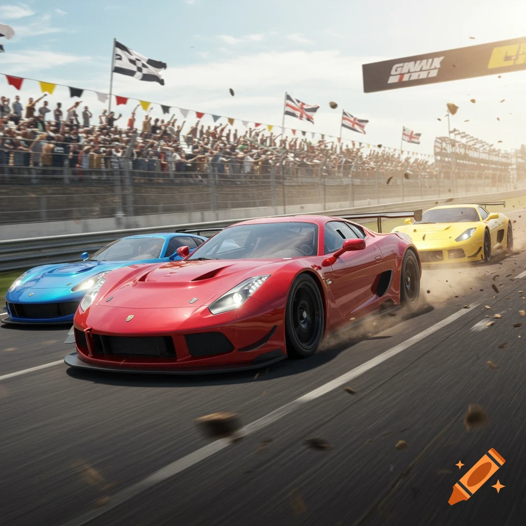 Three high-contrast race cars, a red, a blue, and a yellow, speed around a track with cheering spectators.