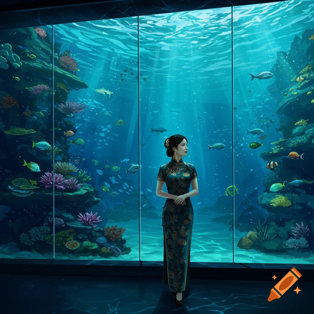 A woman in a traditional Chinese dress stands in front of a large aquarium filled with fish and coral.