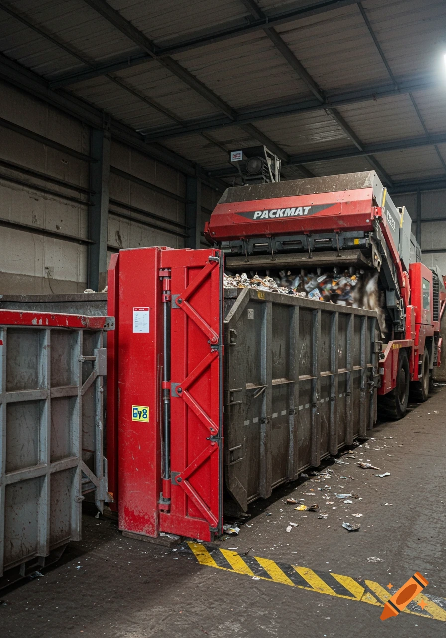 A red PACKMAT waste compactor machine processing refuse into a large bin inside a recycling facility.