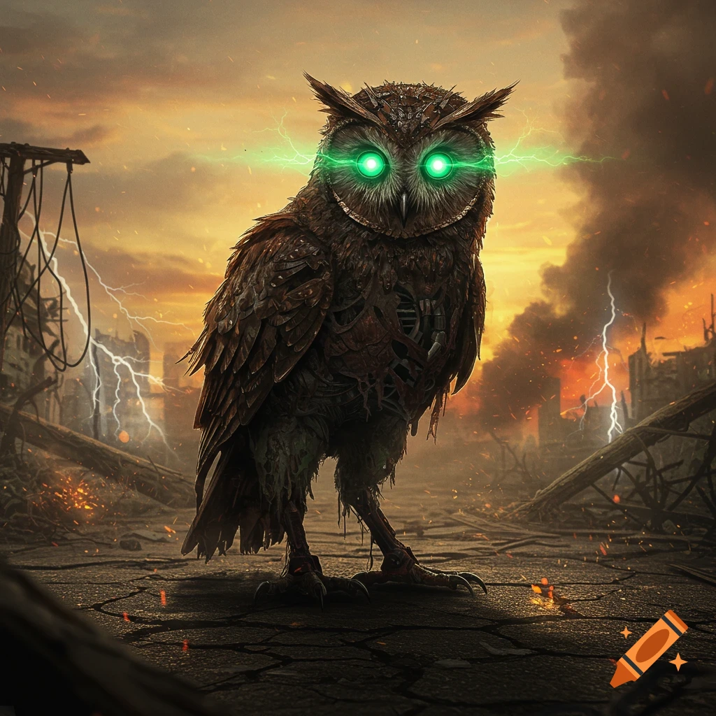 A menacing zombie robot owl with glowing green eyes stands in a desolate, storm-swept cityscape at sunset.
