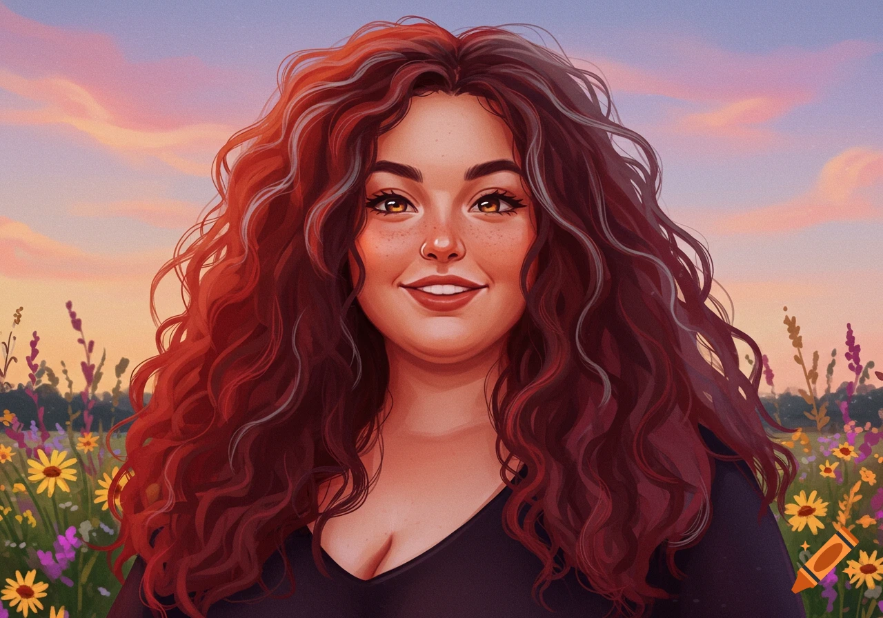 Digital painting of a smiling plus-size woman with long, curly reddish-brown hair and freckles, against a sunset sky and wildflowers.