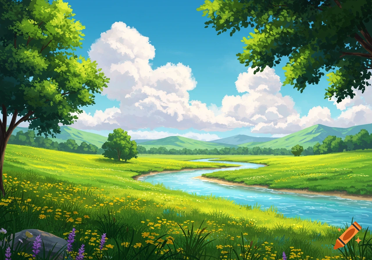 Vibrant illustration of a green meadow with a winding river, lush trees, and a clear blue sky with white clouds.