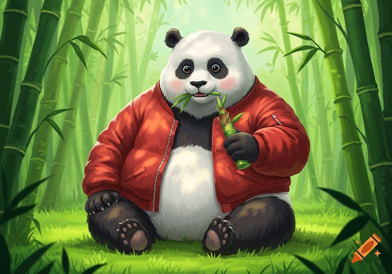 A cartoon panda wearing a red bomber jacket sits in a lush bamboo forest, eating bamboo shoots.