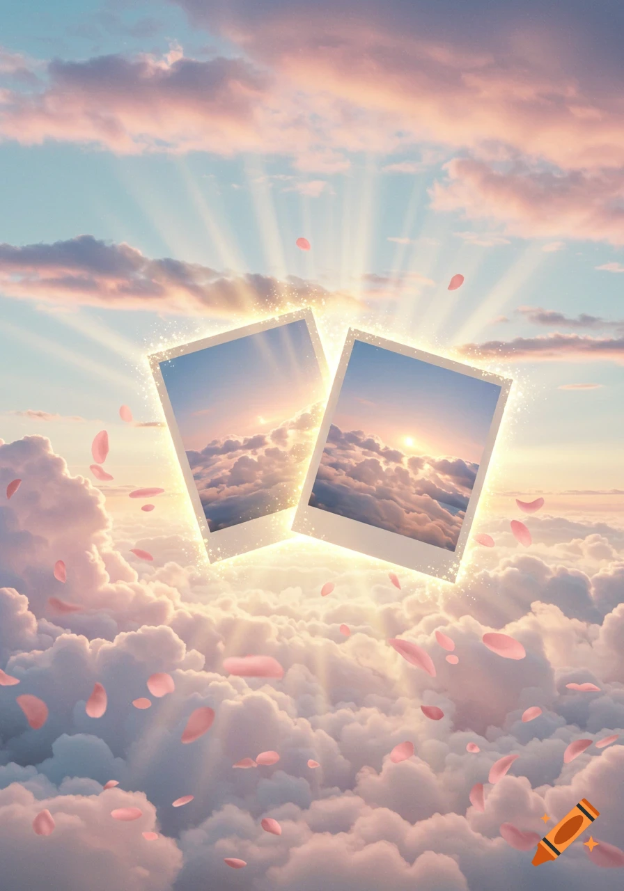 Two glowing polaroid photos of a sunset over fluffy clouds, surrounded by sparkling effects and falling pink petals in a pastel sky.