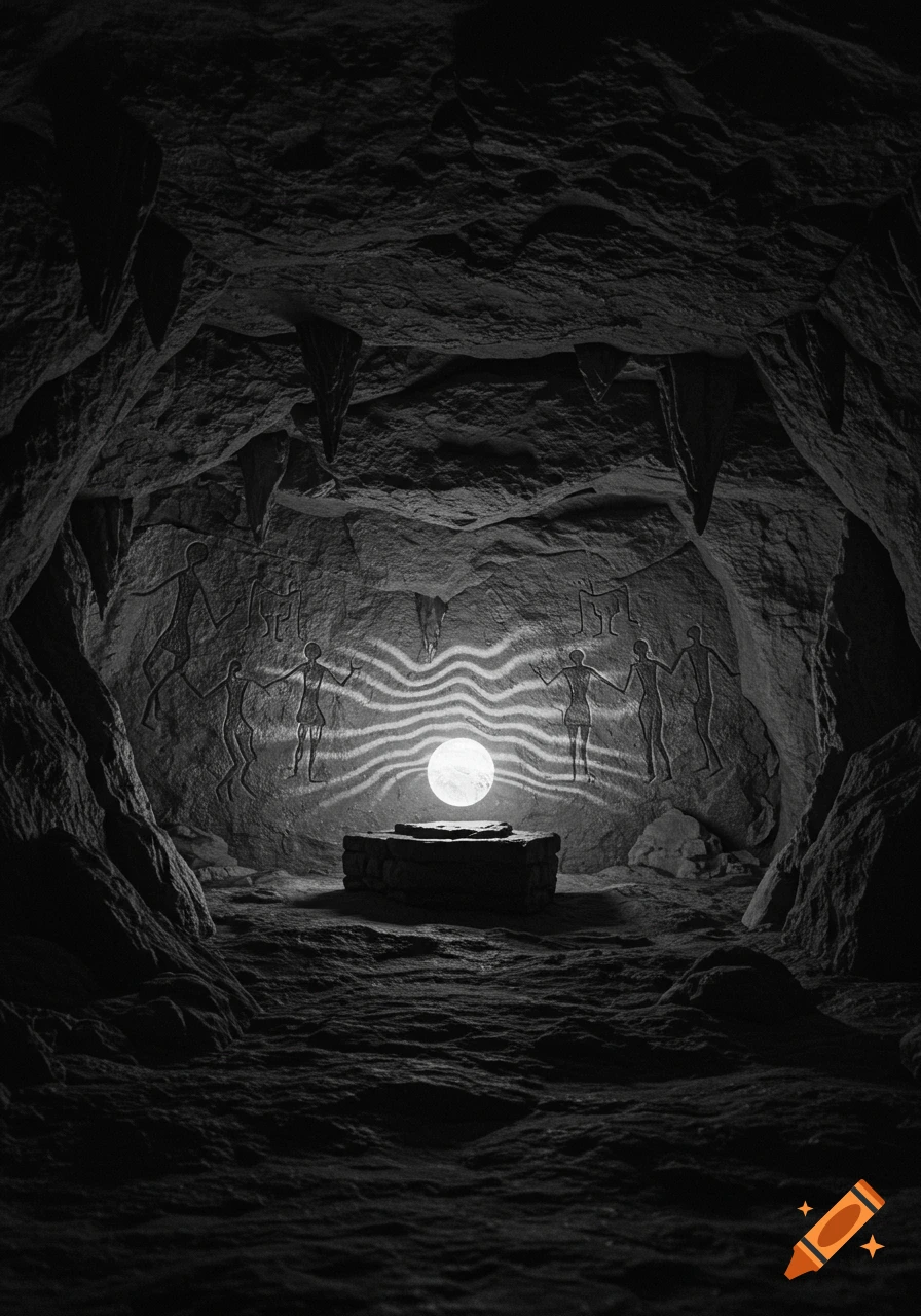 Black and white image of a dark cave interior with primitive stick figures etched on the walls, surrounding a glowing sphere above a stone altar.