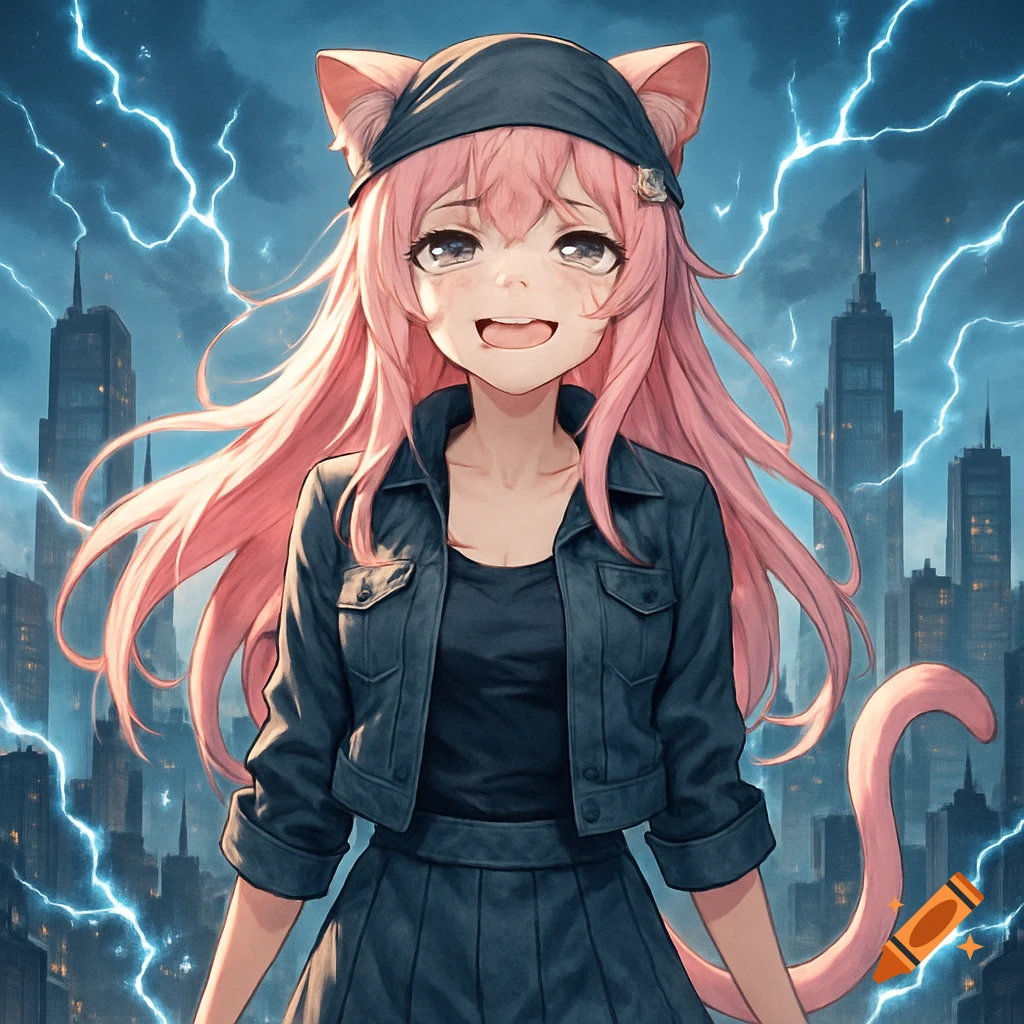 An anime cat-girl with pink hair and a tail, wearing a black jacket and bandana, smiles in front of a stormy city skyline with lightning.