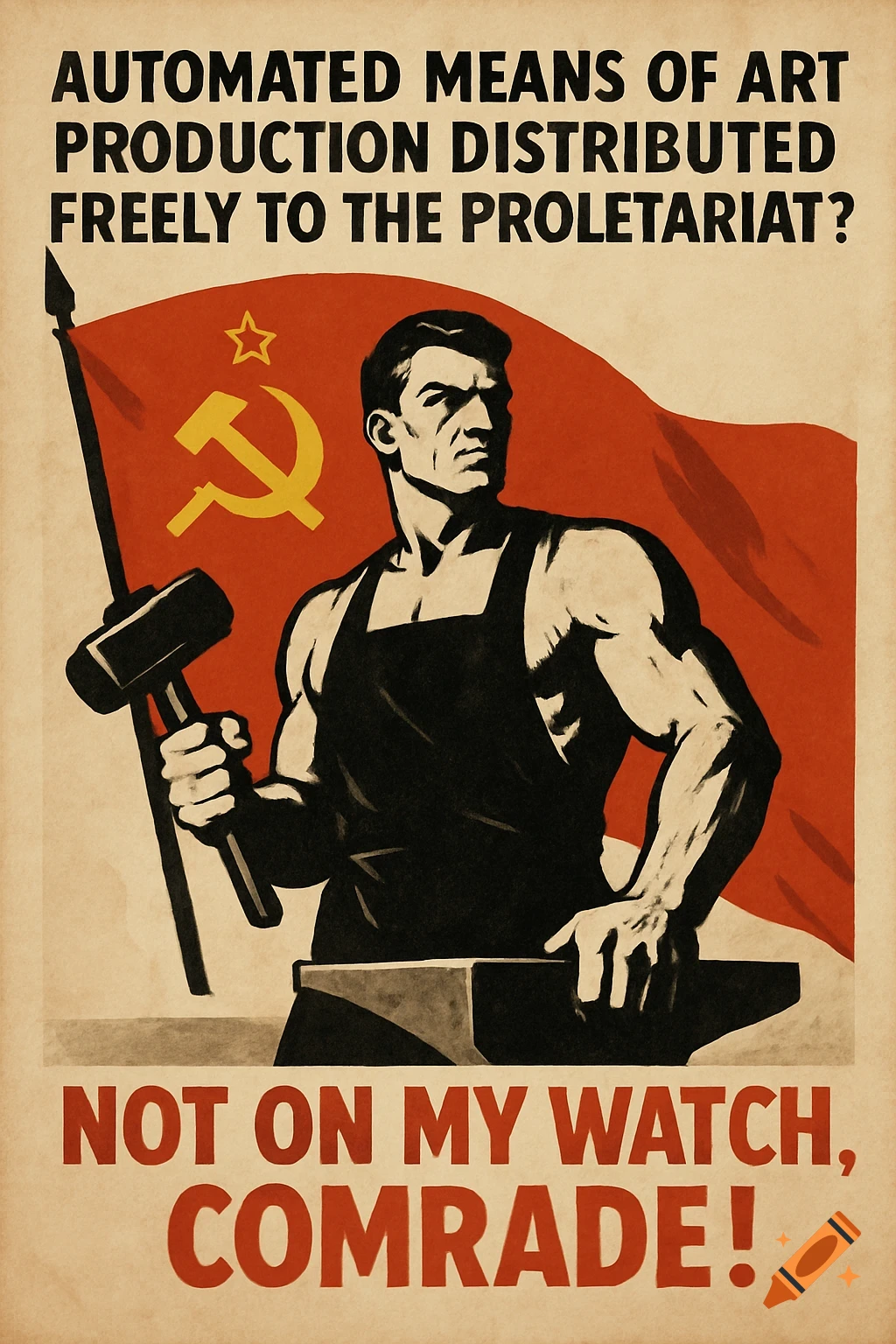 Soviet-style propaganda poster with a muscular blacksmith holding a hammer in front of a red flag with hammer and sickle, with text.
