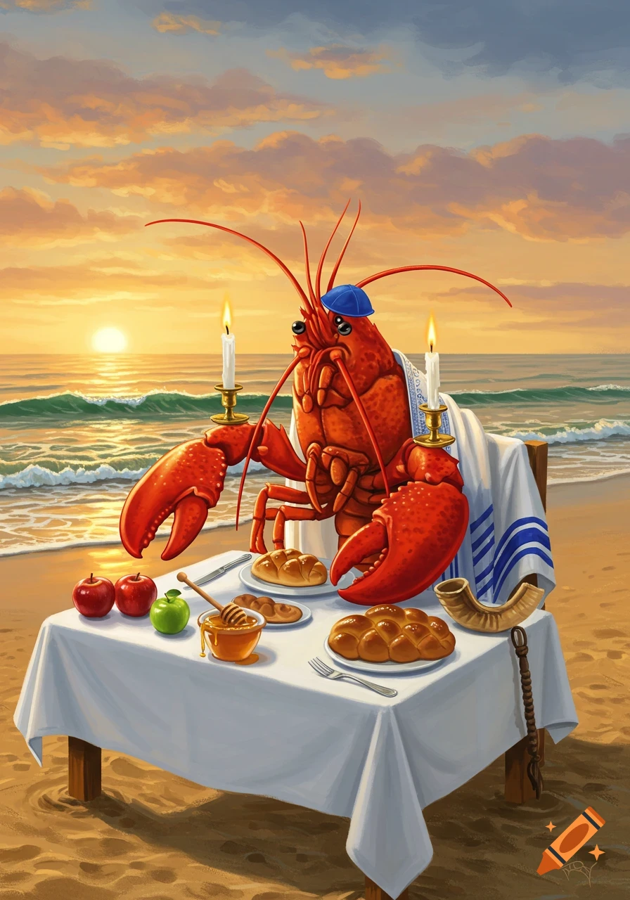 Whimsical illustration of a lobster in a kippah and tallit at a beach table with challah, apples, honey, and candles at sunset.