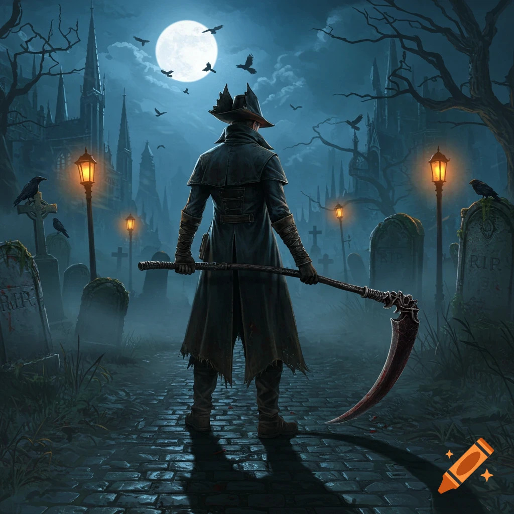A cloaked hunter with a large scythe stands in a gothic graveyard under a full moon, with tall spires and lamplit tombstones.