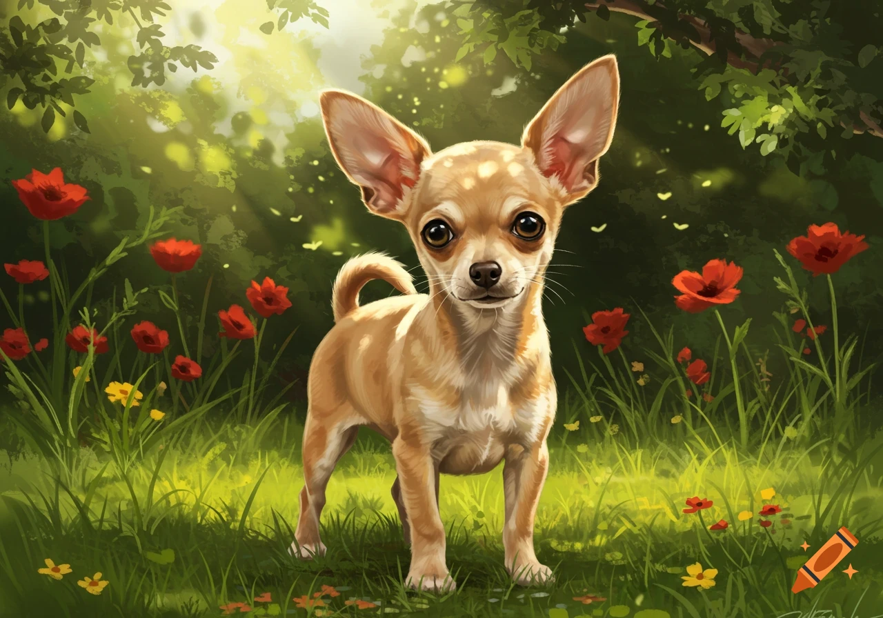 An illustrative painting of a small fawn chihuahua with large ears, standing in a lush green field with red poppies and yellow flowers, bathed in sunlight.