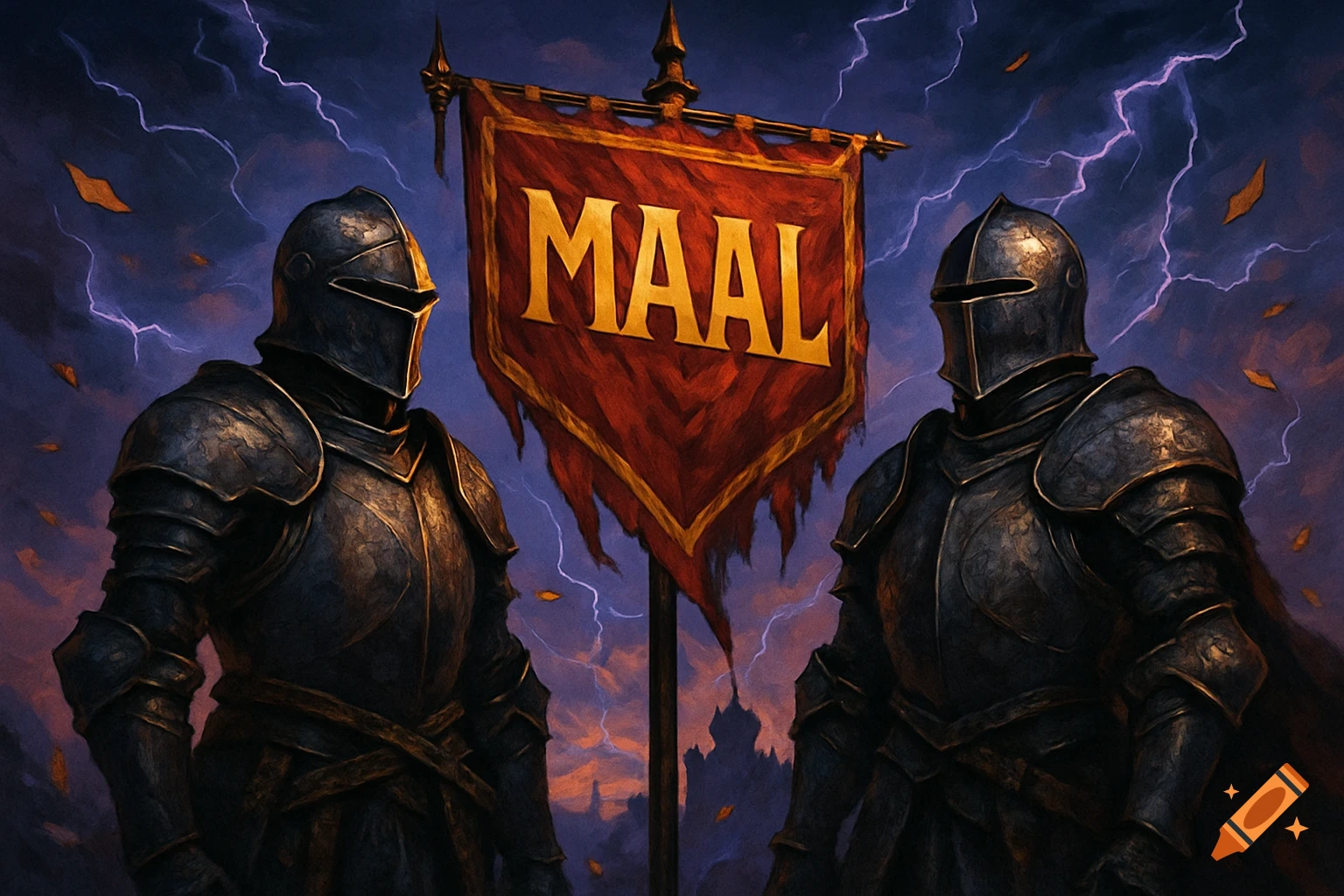 Two armored knights stand under a stormy, lightning-filled sky, flanking a tattered red banner with 'MAAL' written in gold.